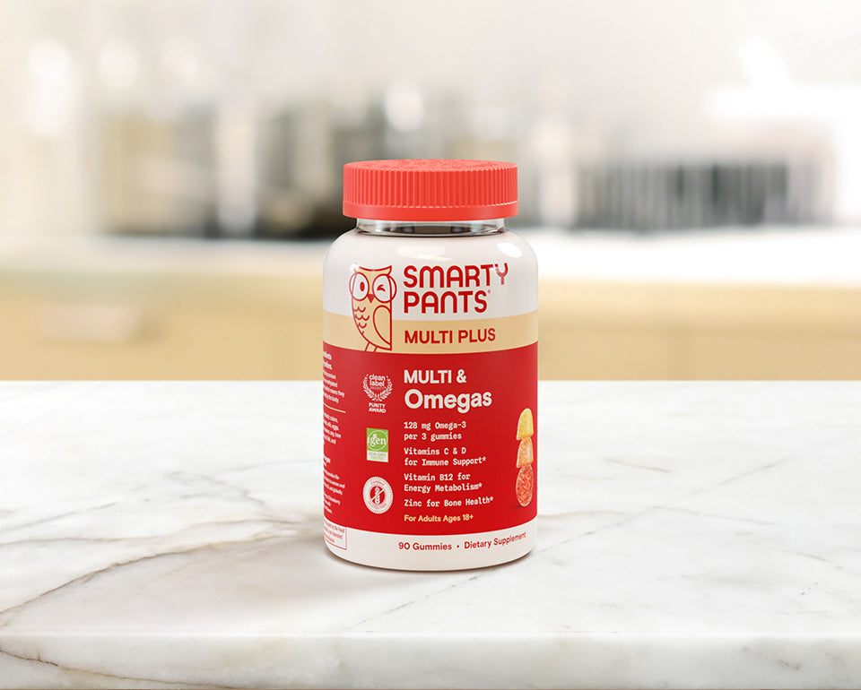 adult plus multi omegas on granite countertop