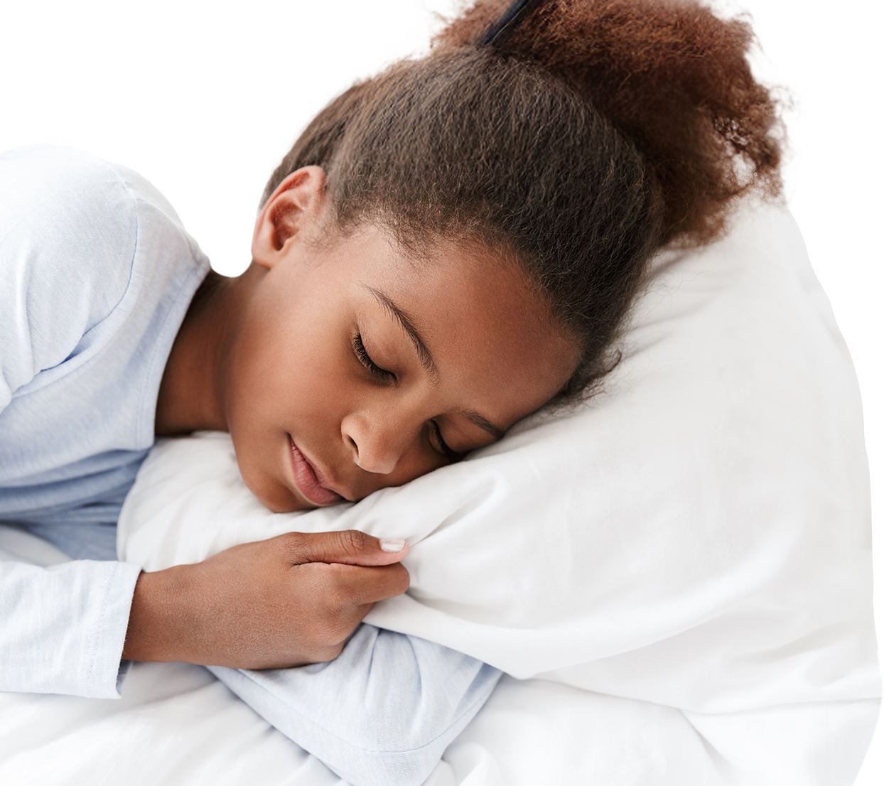 Girl sleeping peacefully with a white pillow and blanket