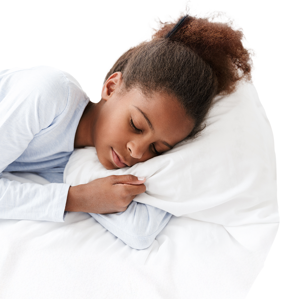 Girl sleeping peacefully with a white pillow and blanket