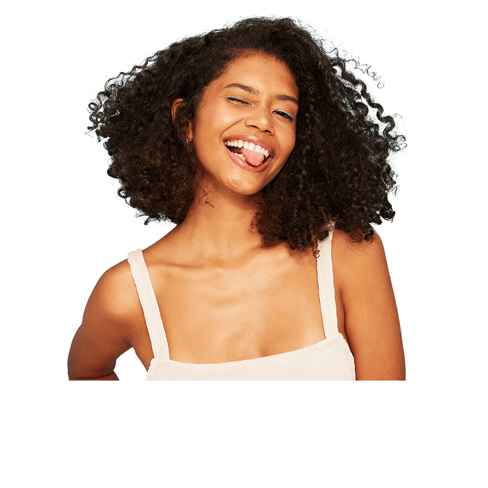 smiling woman winking and biting tongue