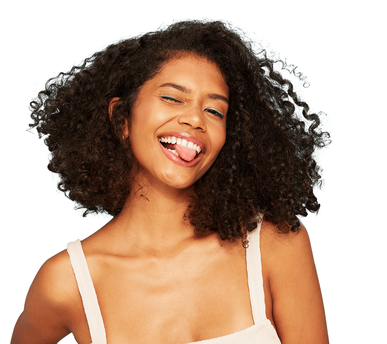 smiling woman winking and biting her tongue