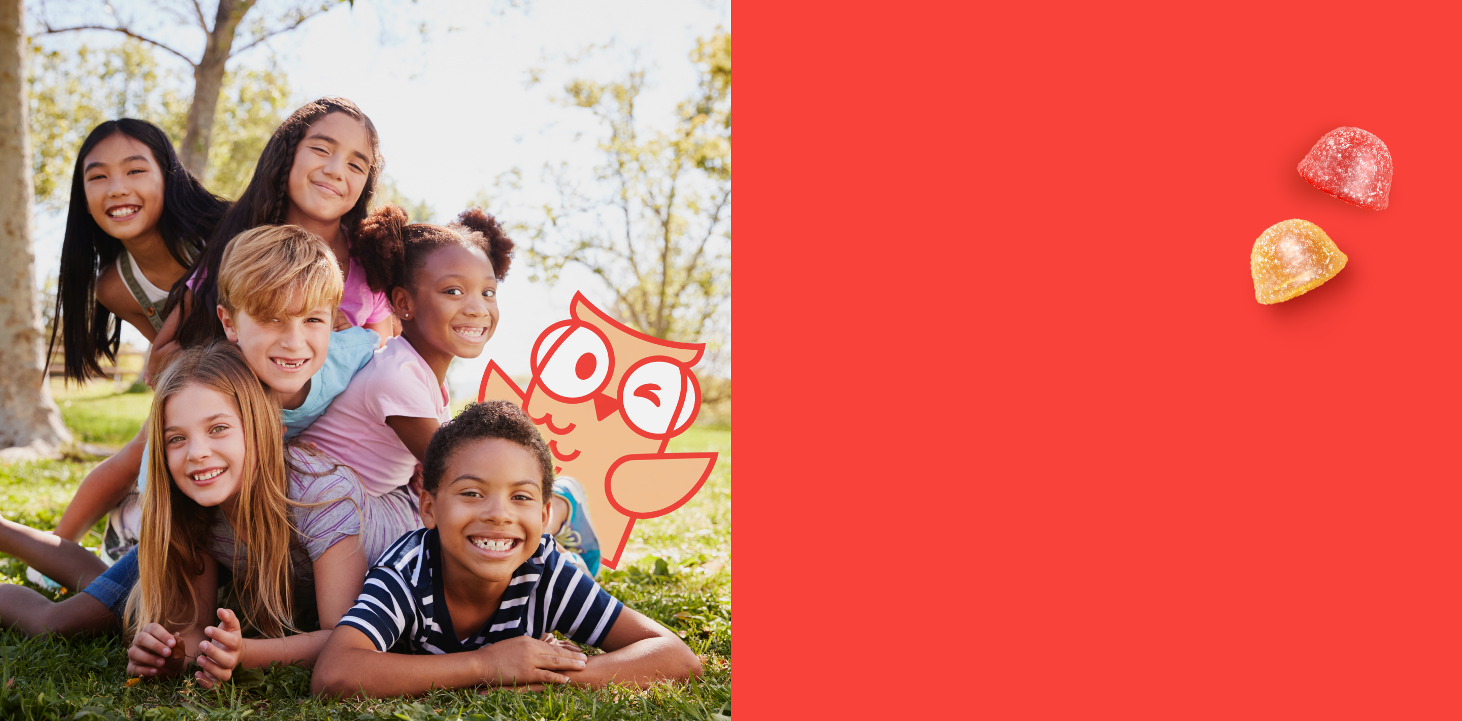 Children posing outdoors with a red background featuring Athena the owl.