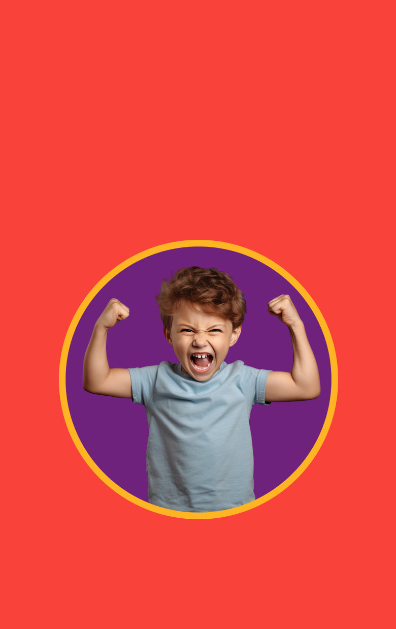 Child flexing muscles with gummies and Athena the owl on an orange background