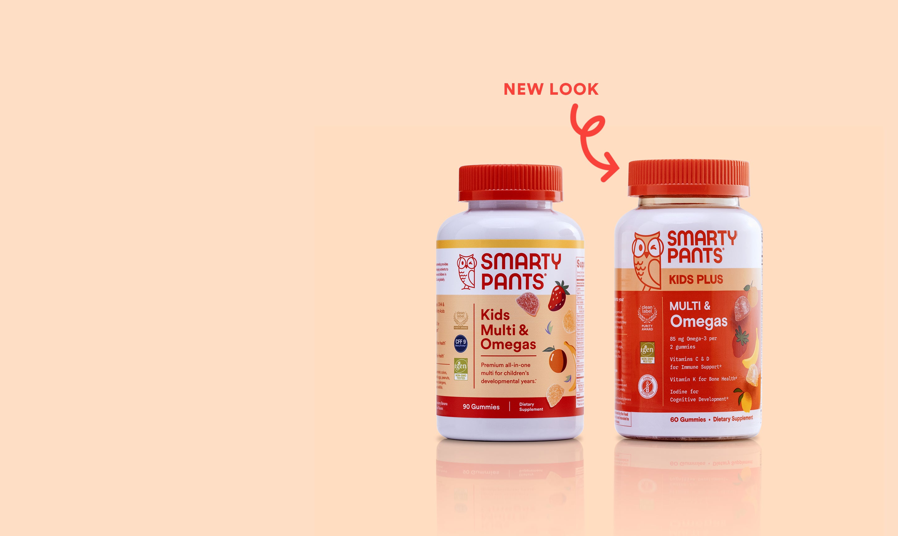 Two Smarty Pants supplement bottles on a beige background with 'New Look' text.