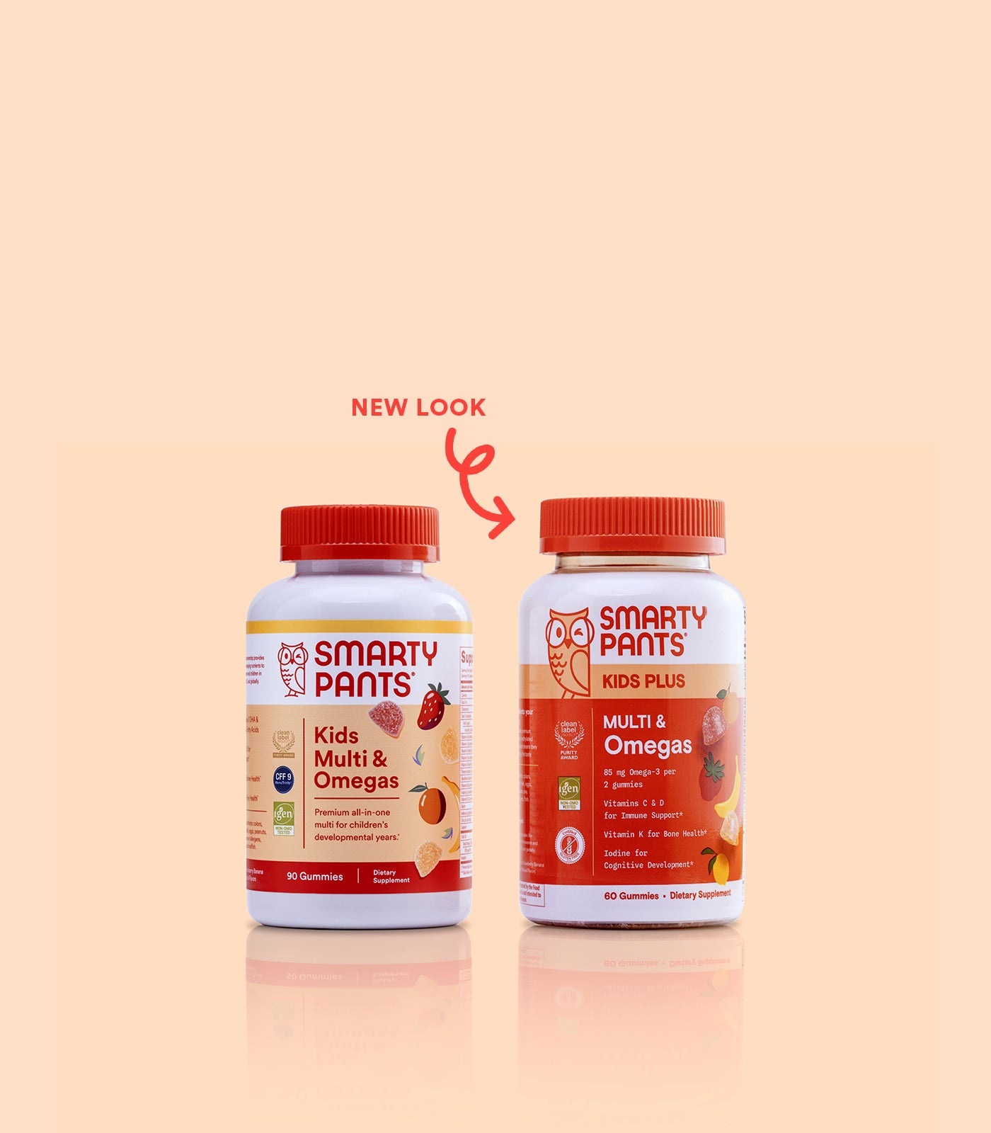 Two Smarty Pants supplement bottles on a beige background with 'New Look' text.