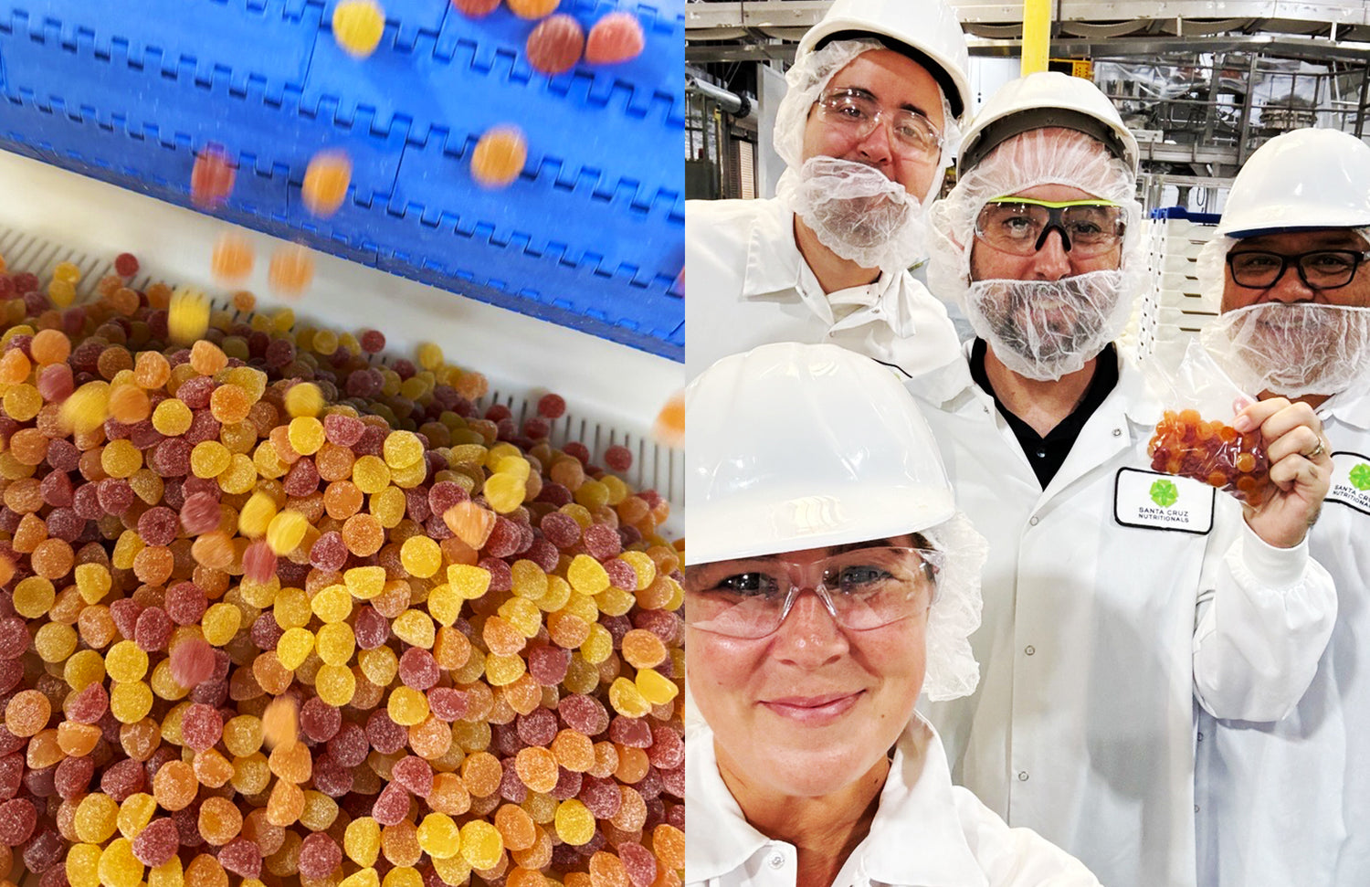 Collage of colorful gummies and factory workers in white uniforms and hairnets.