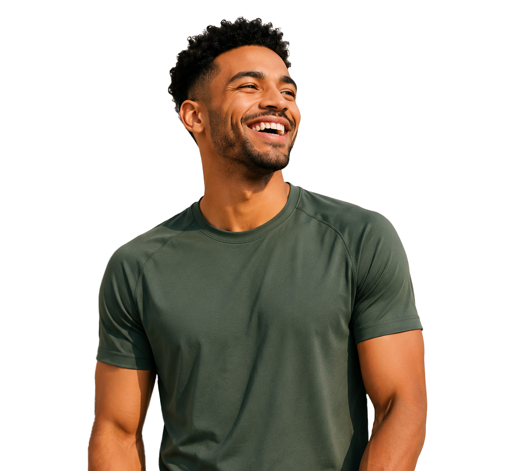 A man smiling and looking upward, wearing a short-sleeve athletic crew-neck t-shirt in olive green against a solid white background.