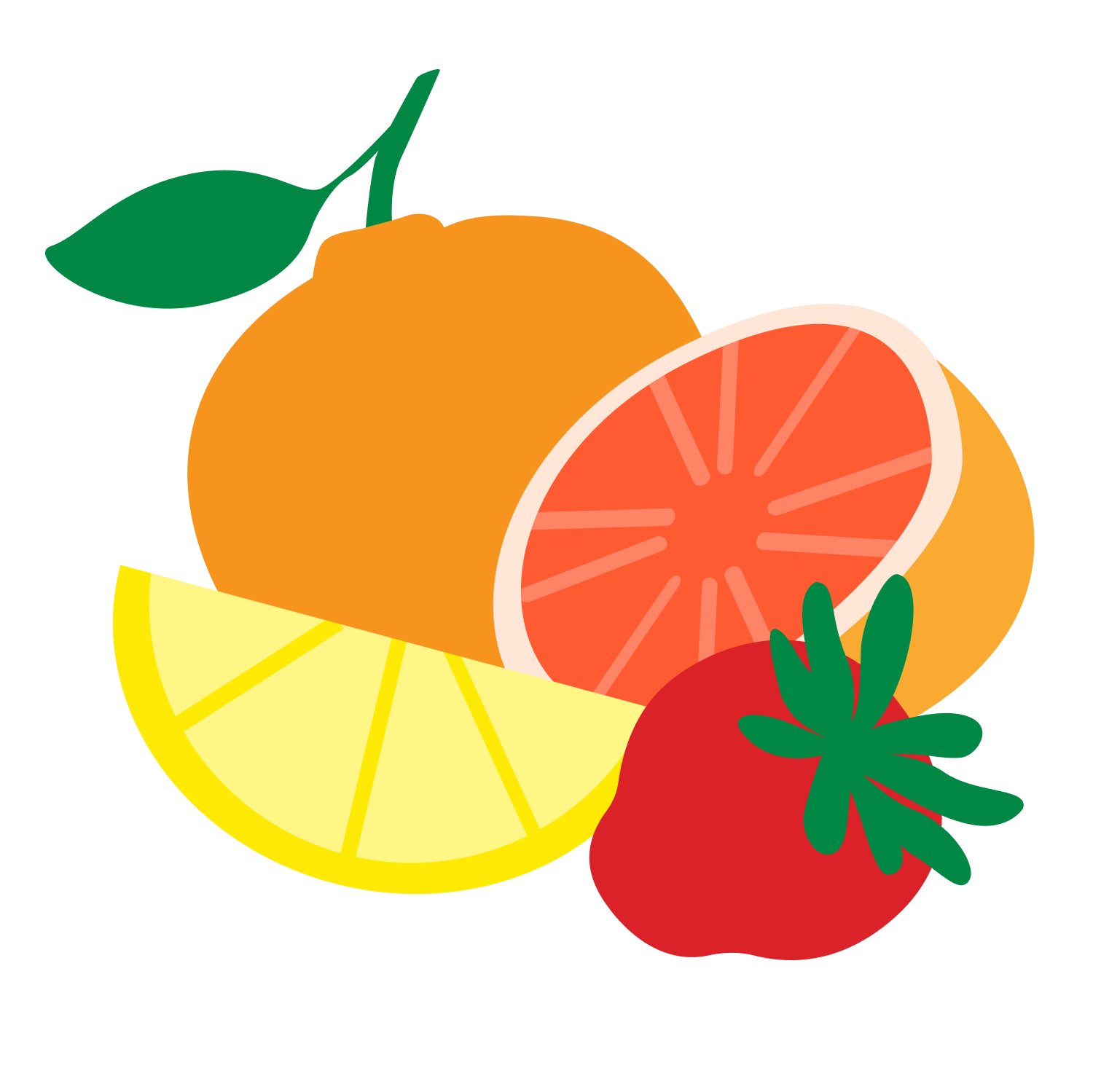Illustration of a whole orange, a sliced orange, a lemon, and a tomato on a white background