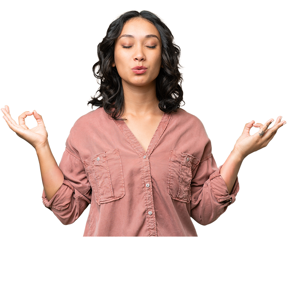 Woman in a pink shirt with hands in a meditative pose