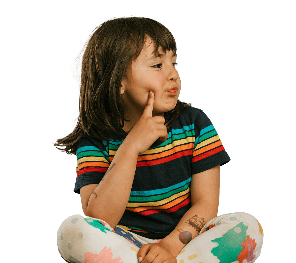 kid with finger poking cheek