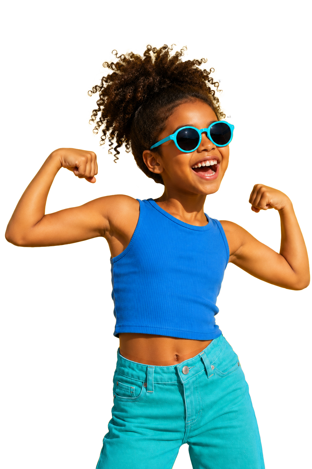 Child wearing blue tank top and turquoise pants with sunglasses, flexing muscles on a white background