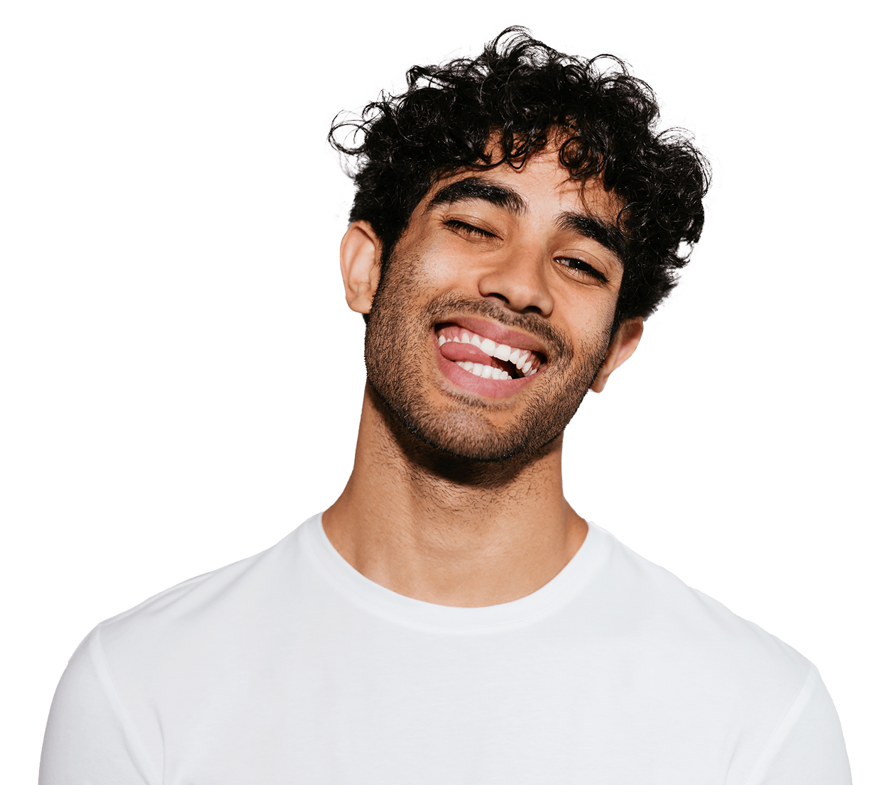 smiling man winking and biting his tongue