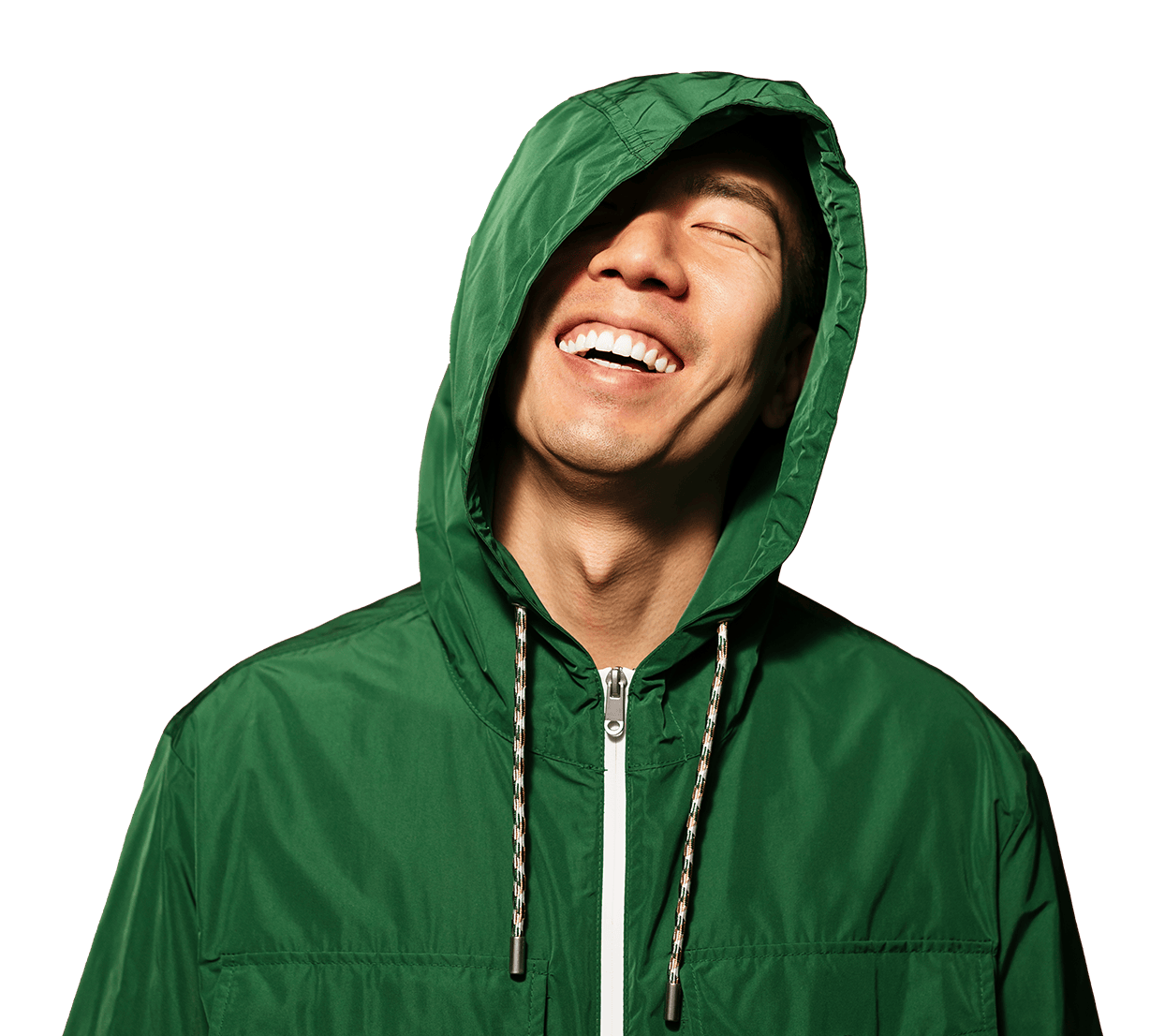 joyful man in green hoody