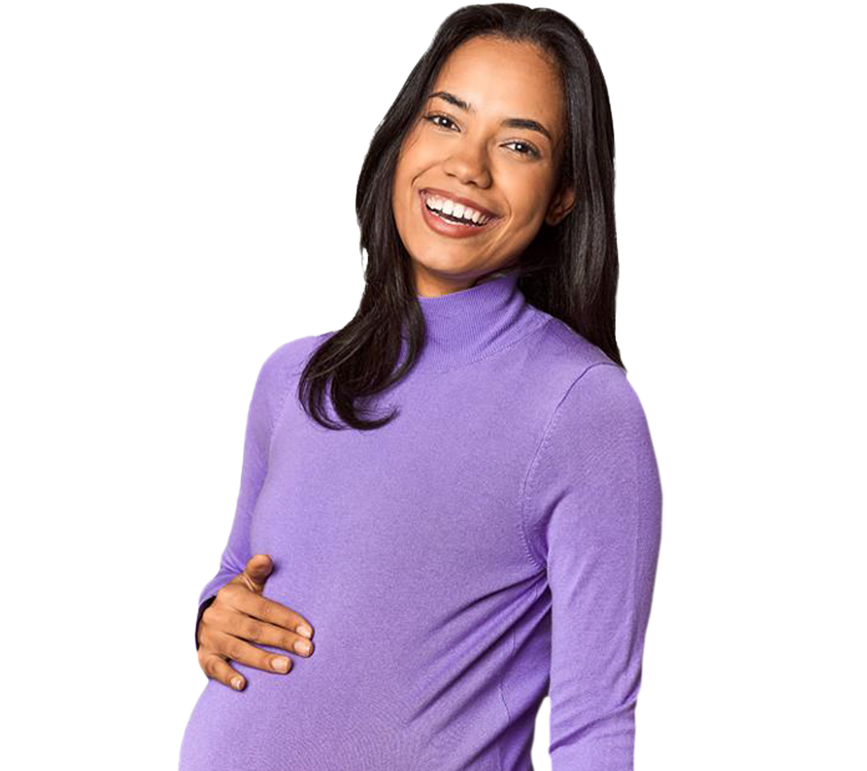 Pregnant woman wearing a purple long-sleeve