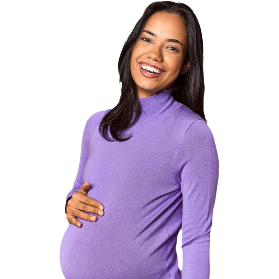 Pregnant woman wearing a purple long-sleeve