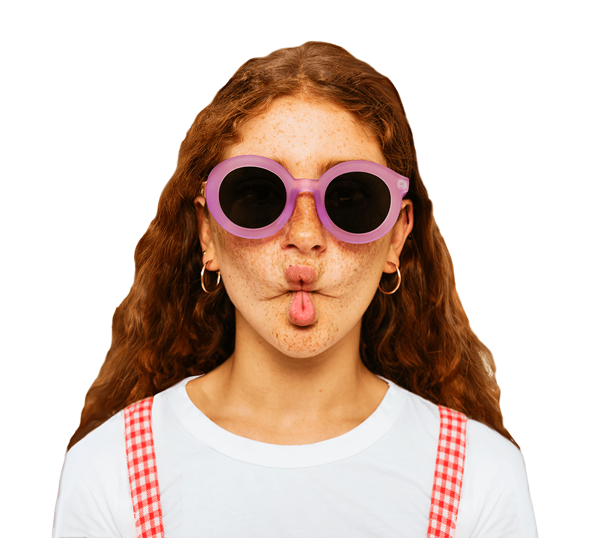 teenage girl wearing sunglass making a goofy face