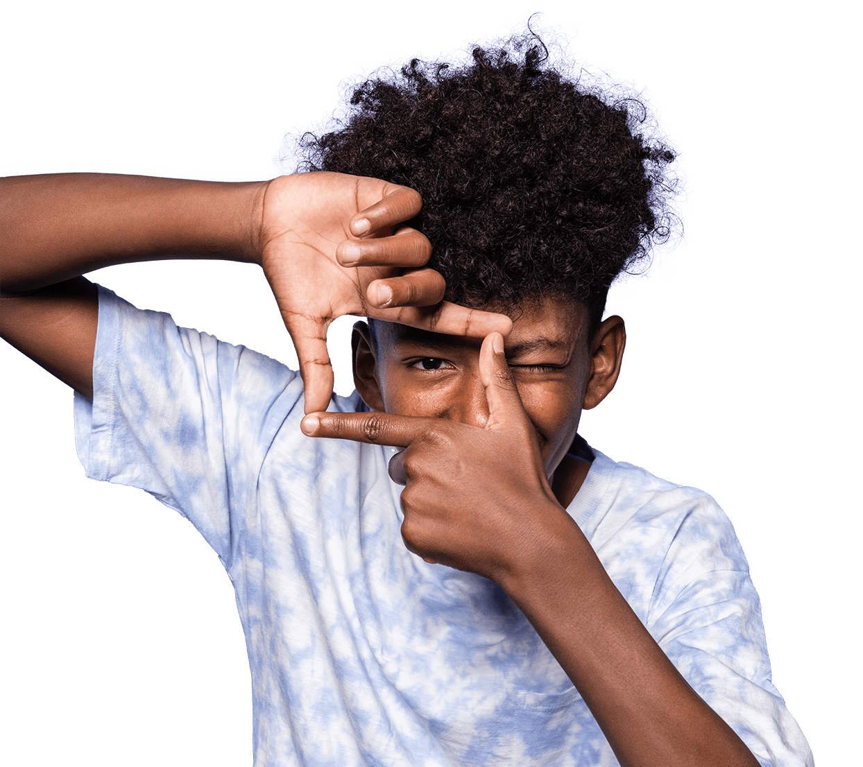 teen guy looking through a finger frame