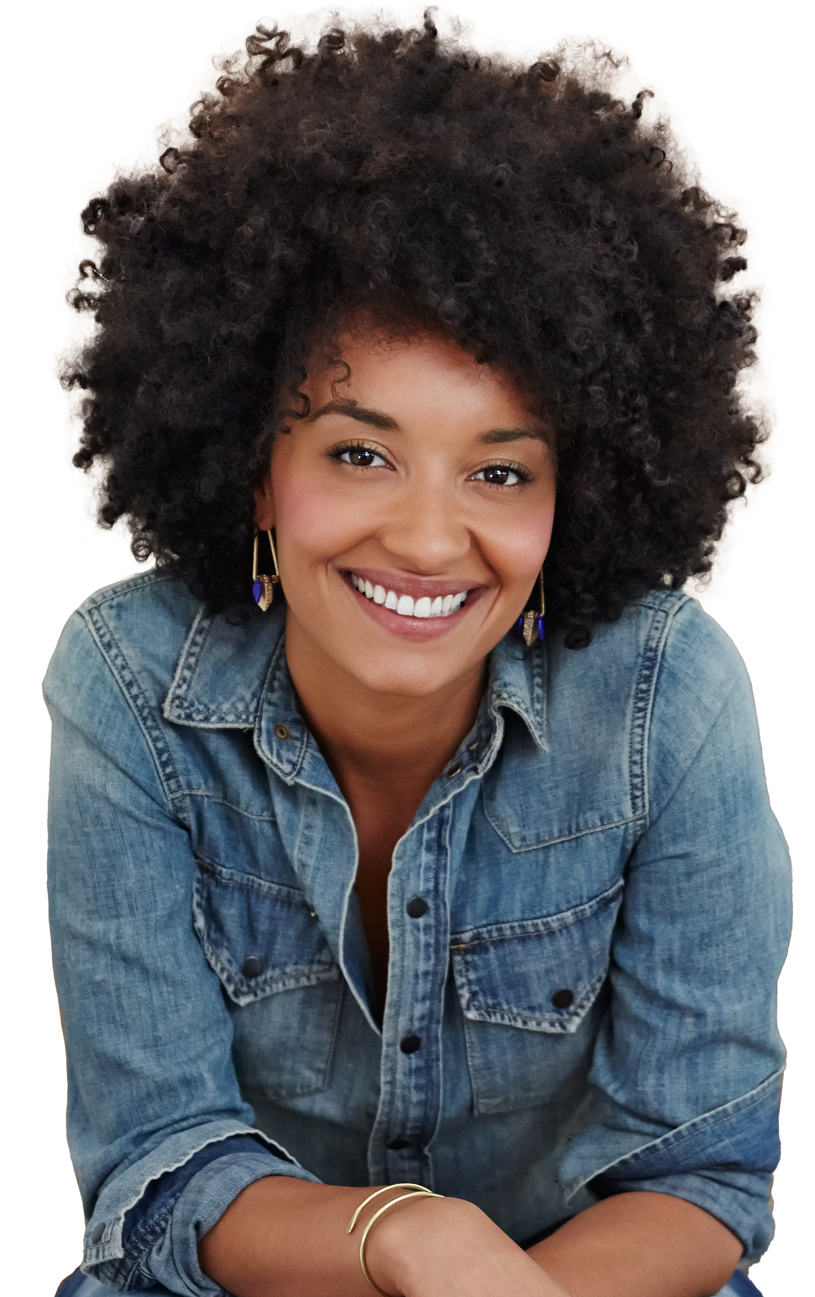 Woman with an afro wearing a denim jacket on a transparent background