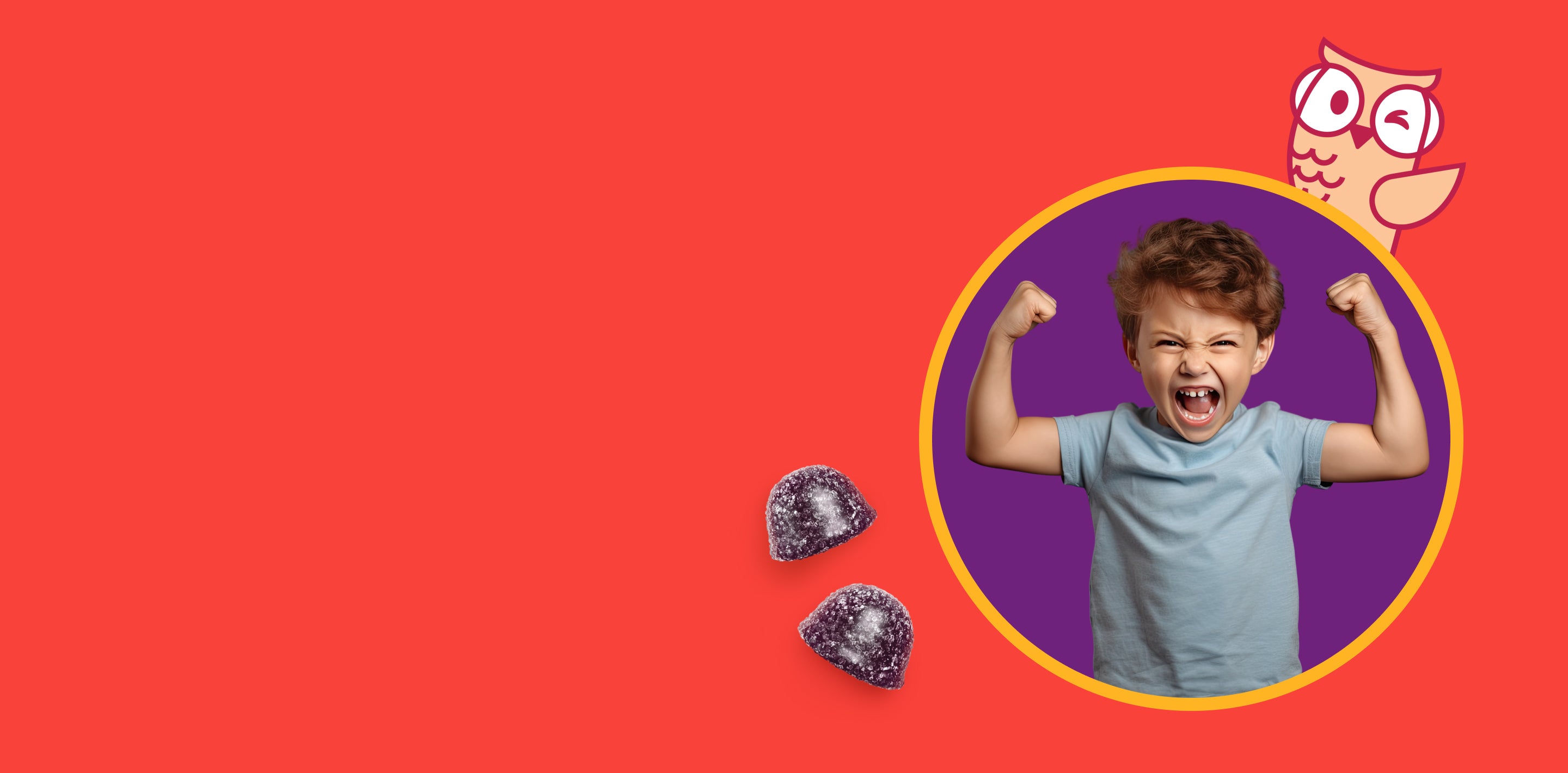 Child flexing muscles with gummies and Athena the owl on an orange background